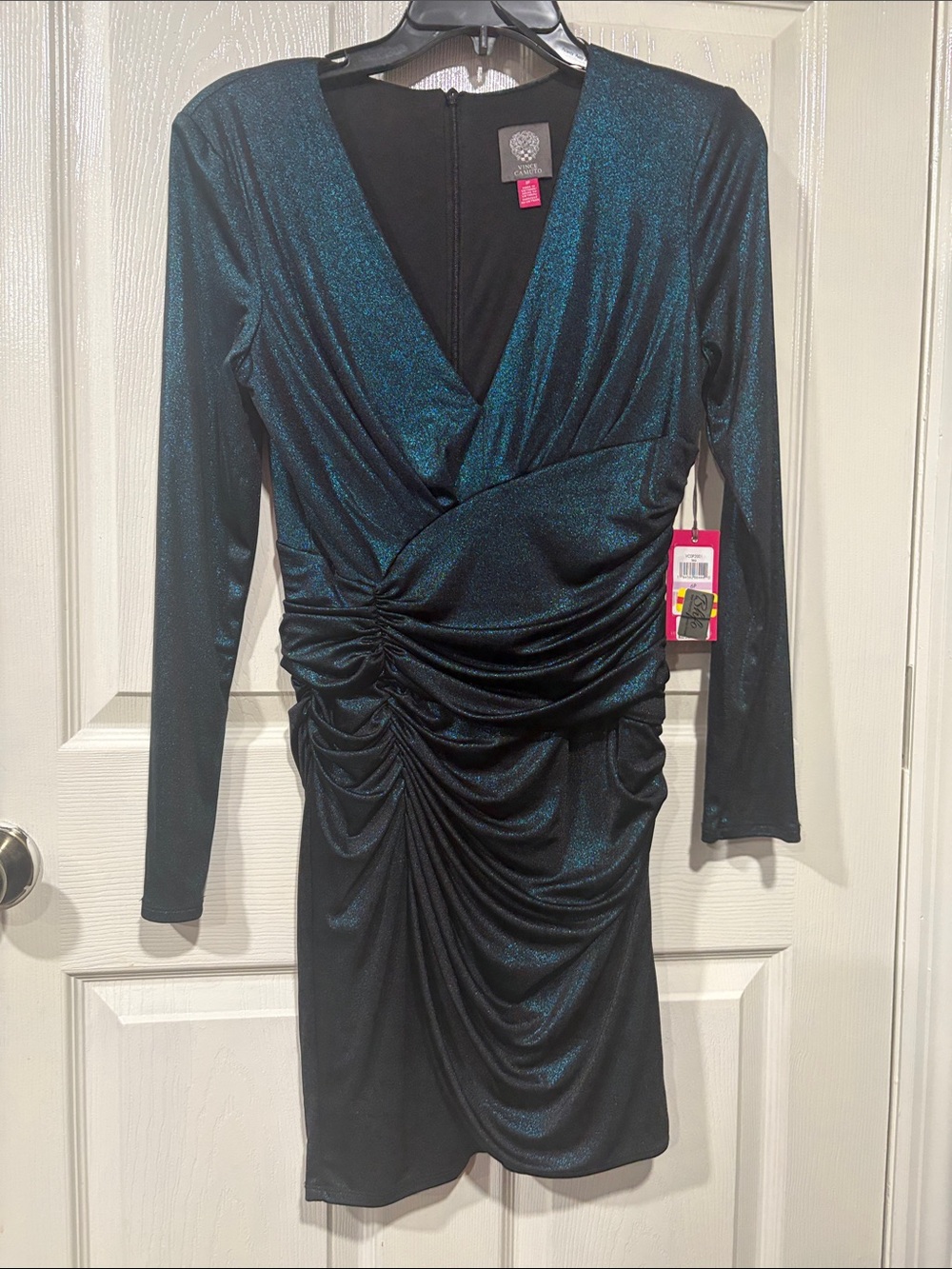 Vince Camuto Shimmer Teal Ruched Wrap-Front Long Sleeve Dress